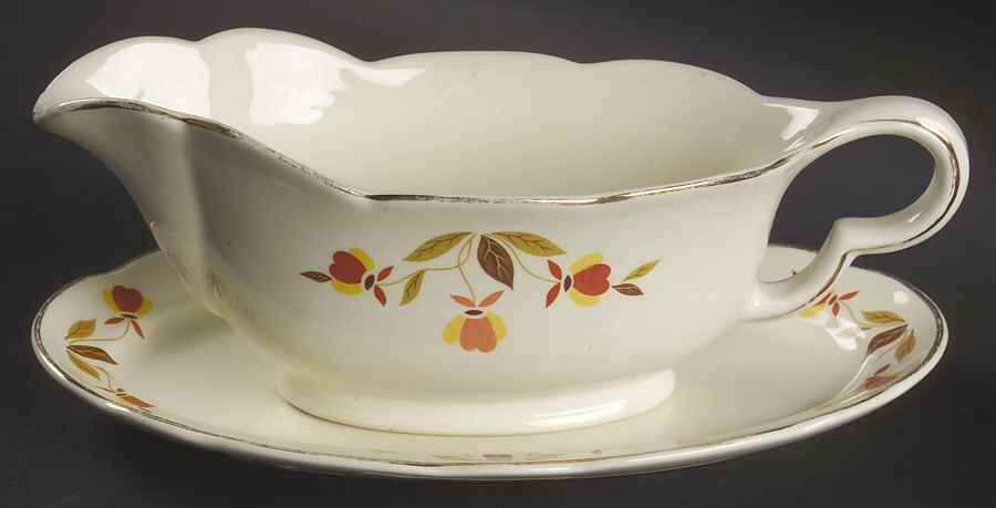 Autumn Leaf Ruffled D Gravy Boat & Underplate (Pickle) by Hall-1