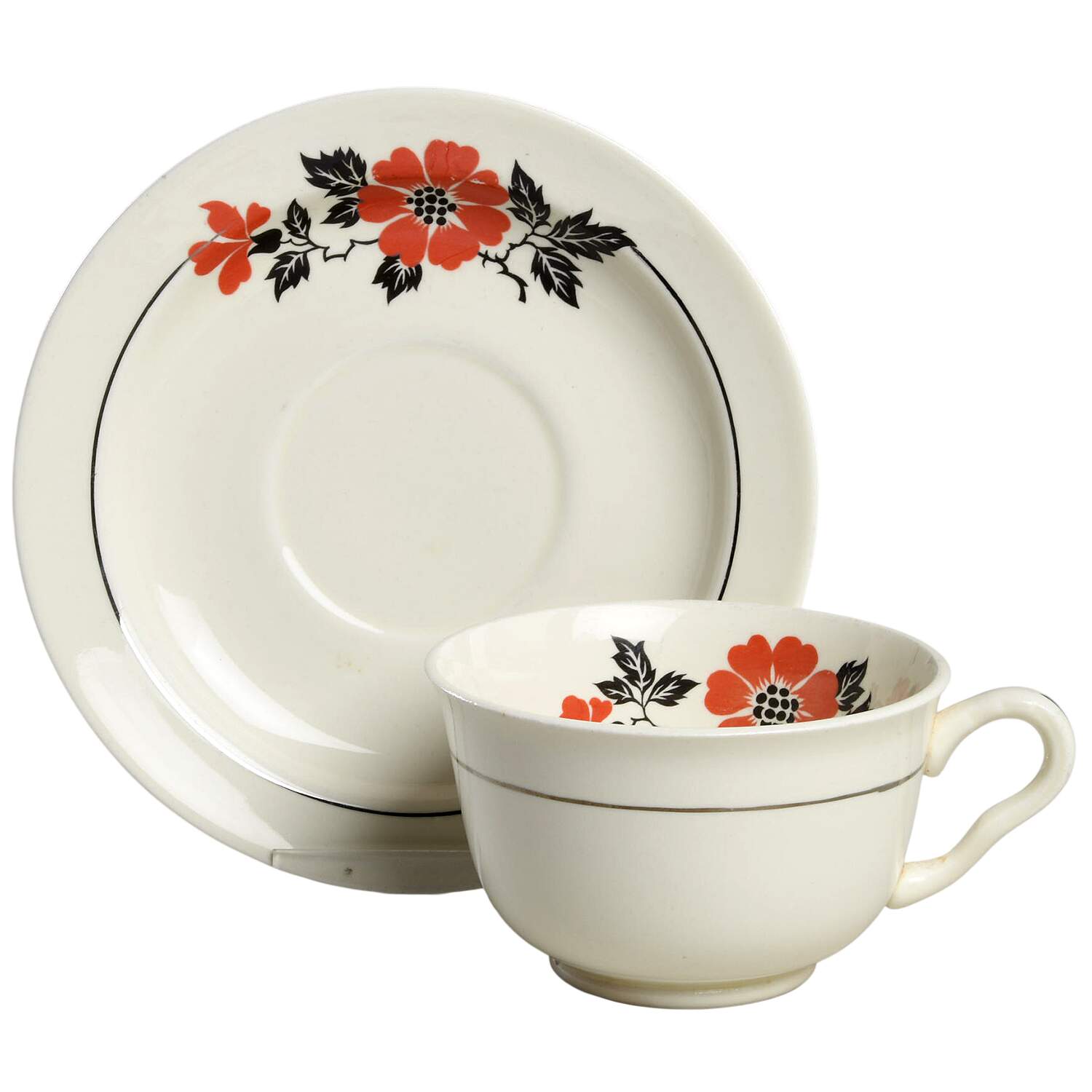 Red Poppy (Platinum Ring) Footed Cup & Saucer Set by Hall-1