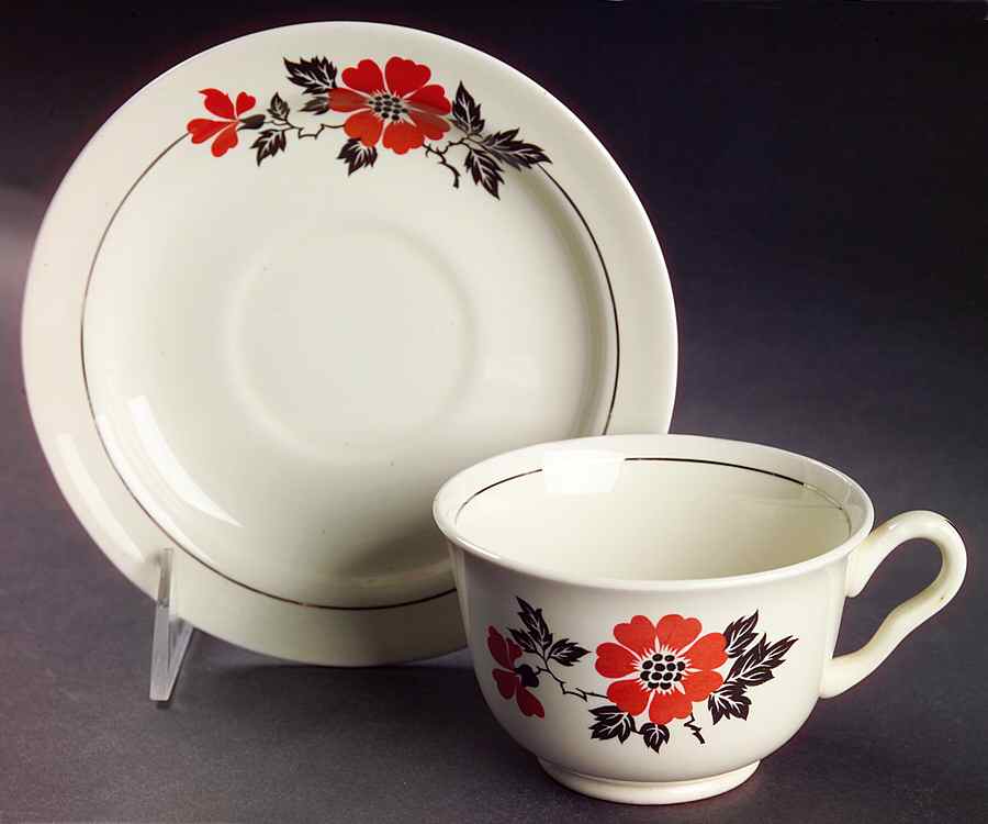 Red Poppy (Platinum Ring) Footed Cup & Saucer Set by Hall-1