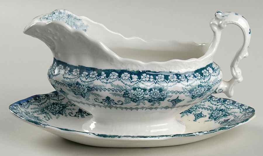 Maltese Blue Green Gravy Boat & Underplate by Upper Hanley-1