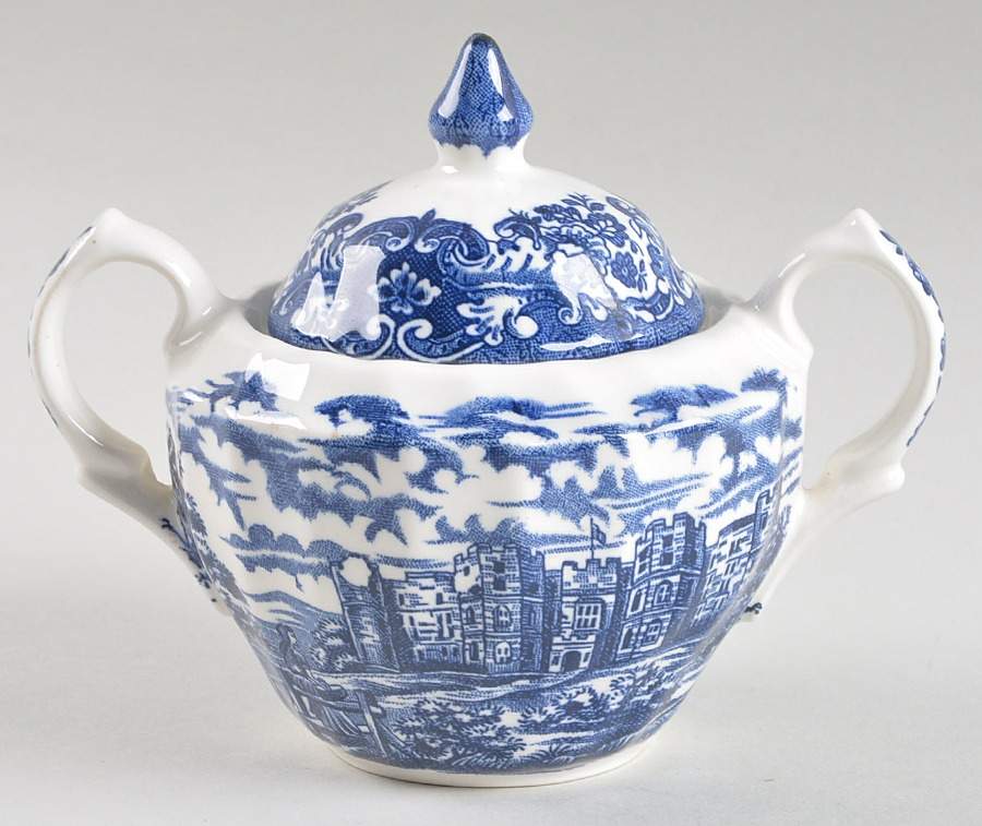 Old Country Castles Blue Sugar Bowl & Lid by Hostess Tableware-1