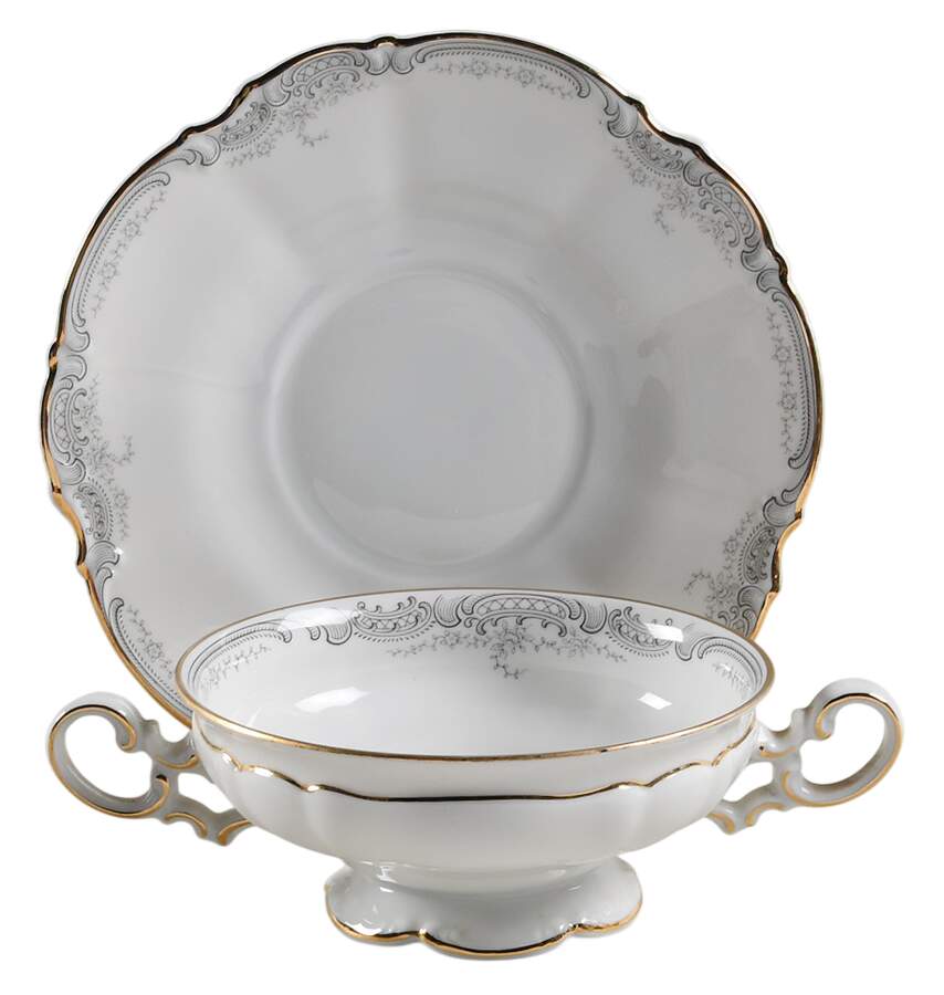 Lorelei Loreley (Gold, White) Footed Cream Soup Bowl & Saucer Set by Hutschenreuther-1