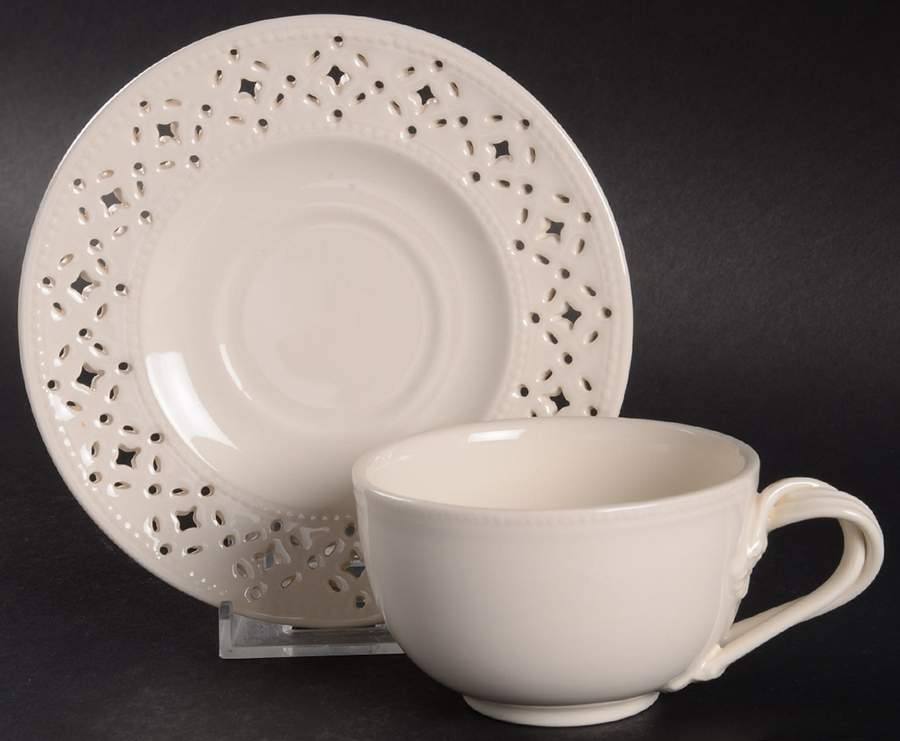 Creamware Pierced Flat Cup & Saucer Set by Hartley Greens-1