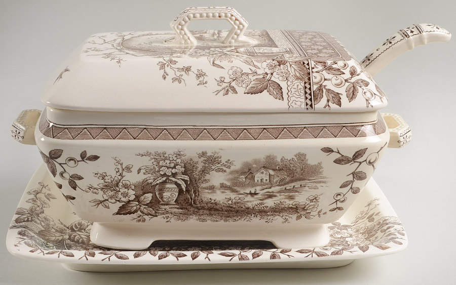 Rustic Rectangular Tureen &  Lid with Ladle & Underplate by Hill Pottery-1
