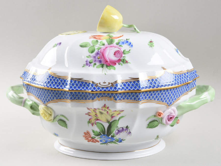 Printemps Blue Border Oval Tureen & Lid by Herend-1