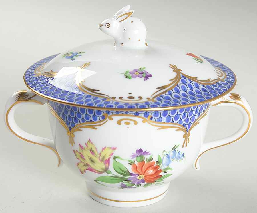 Printemps Blue Border Sugar Bowl & Lid by Herend-1