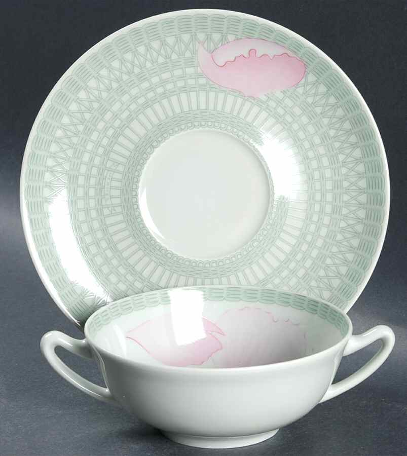 Les Pivoines Green (Celadon) Flat Cream Soup Bowl & Saucer Set by Hermes-1