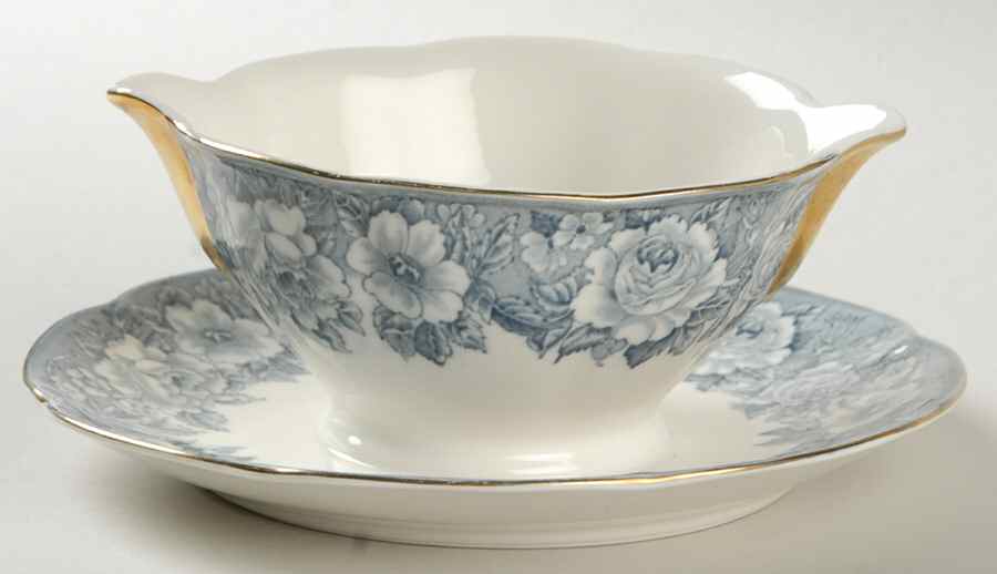 Coaching Scenes Blue Gravy Boat with Attached Underplate by Haviland-1