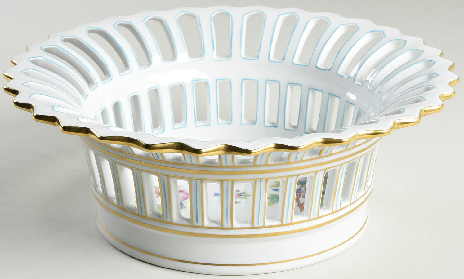 Queen Victoria (Blue Border) 9" Round Open Weave Basket by Herend-1