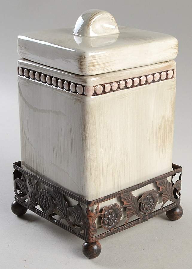 Beaded Antique White Medium Canister with Metal Base by Home Essentials-1