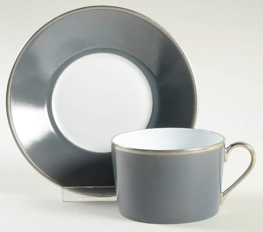 Color Block Platinum Grey Flat Cup & Saucer Set by Haviland-1