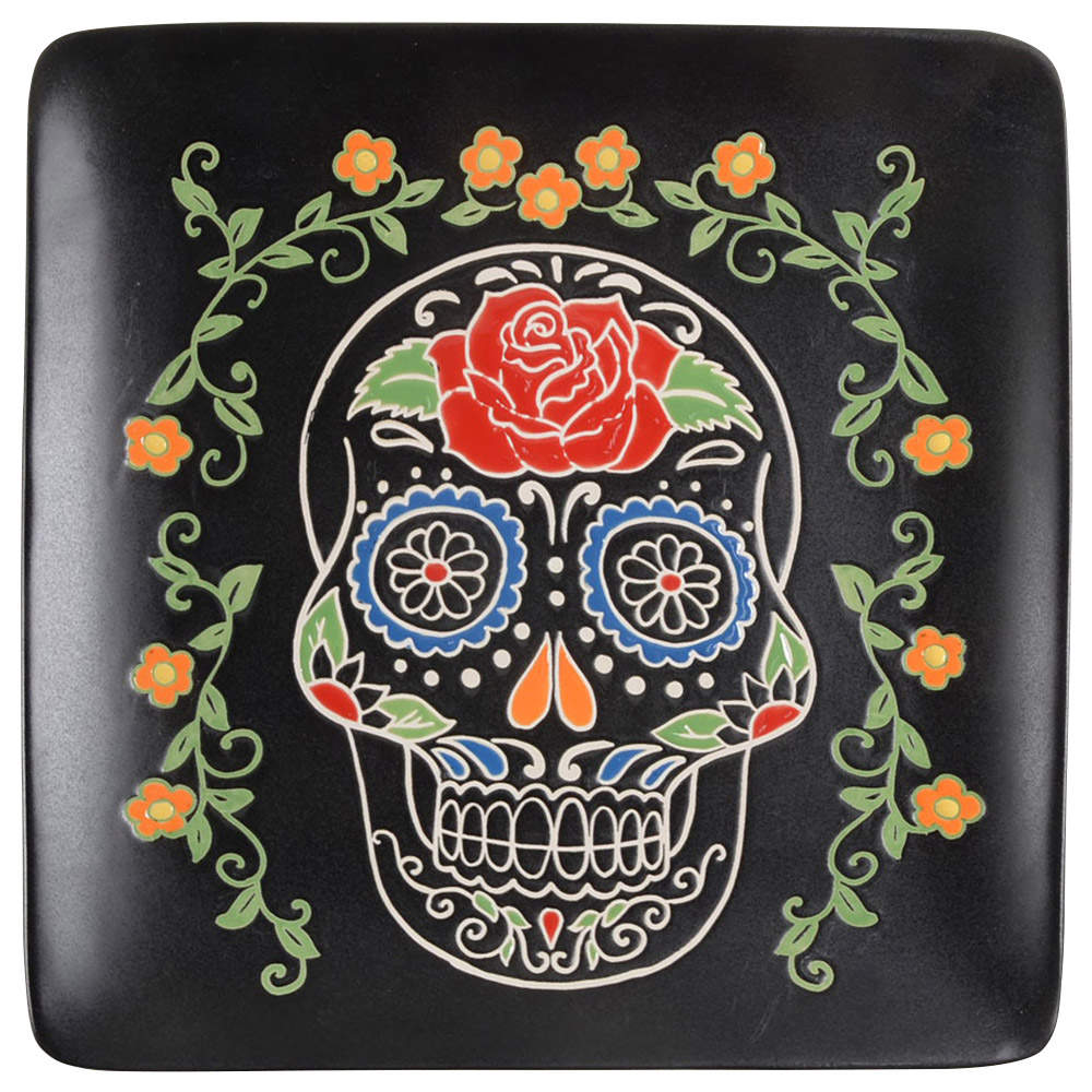 Calvin Sugar Skull-Day of the Dead Square Dinner Plate by In Homestylez-1