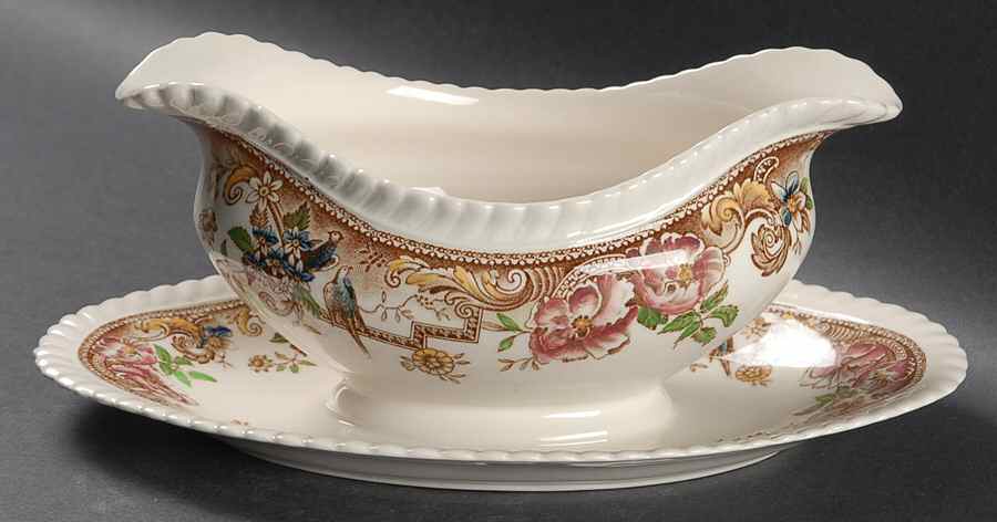 Devonshire Brown Multicolor Gravy Boat with Attached Underplate by Johnson Brothers-1