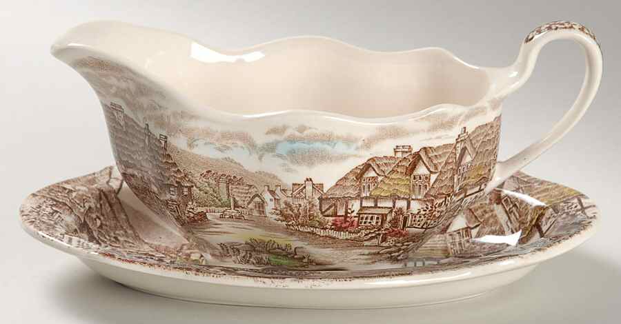 Olde English Countryside Brown Multicolor Gravy Boat & Underplate/Relish by Johnson Brothers-1