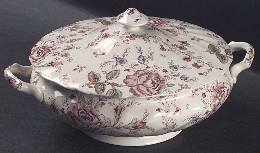Rose Chintz Pink ("Made in England" Mark) Round Covered Vegetable by Johnson Brothers-1