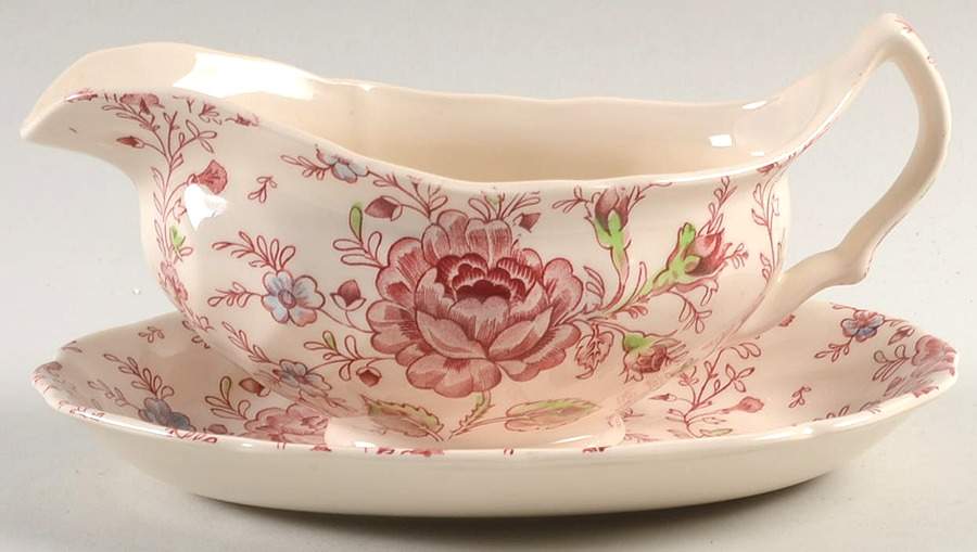 Rose Chintz Pink ("Made in England" Mark) Gravy Boat & Underplate/Relish by Johnson Brothers-1
