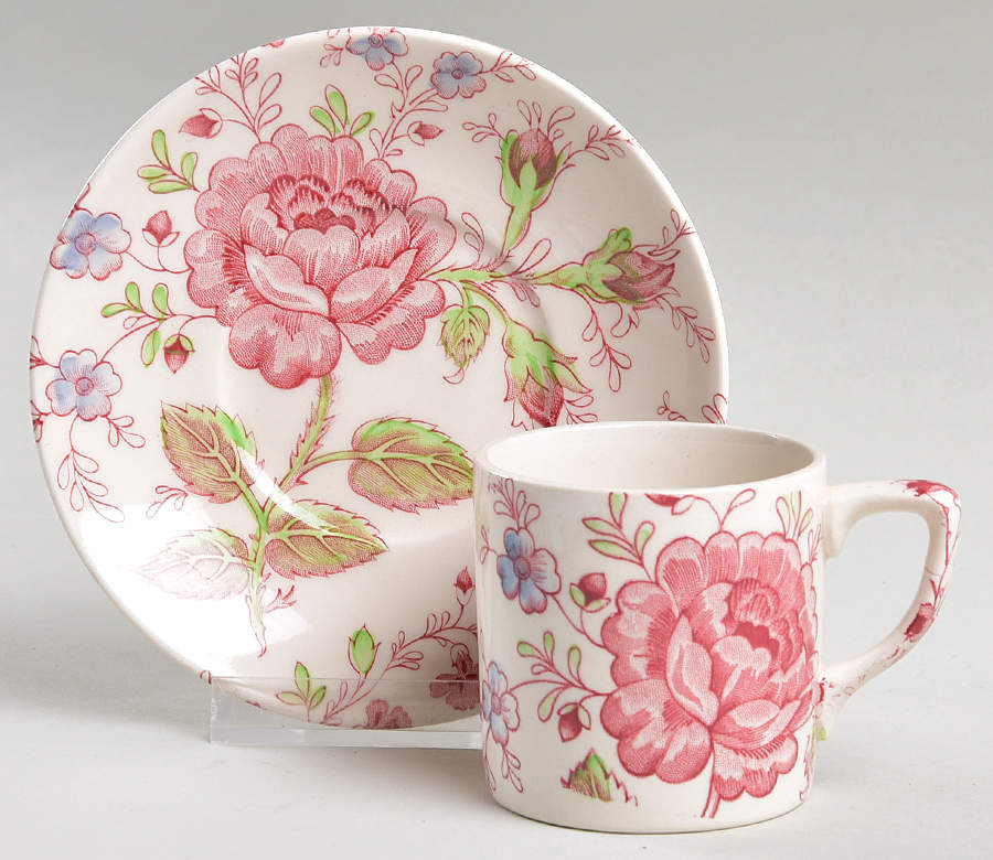 Rose Chintz Pink ("Made in England" Mark) Flat Demitasse Cup & Saucer Set by Johnson Brothers-1