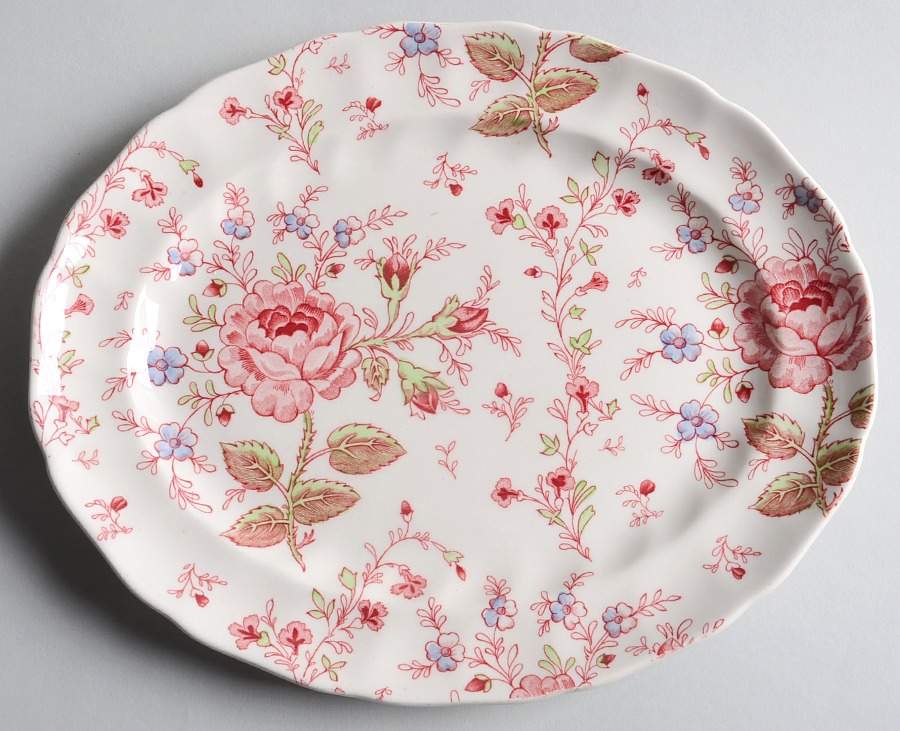 Rose Chintz Pink ("Made in England" Mark) 10" Oval Serving Platter by Johnson Brothers-1