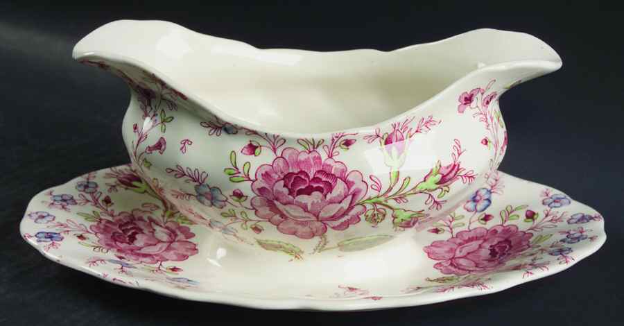 Rose Chintz Pink ("Made in England" Mark) Gravy Boat with Attached Underplate by Johnson Brothers-1