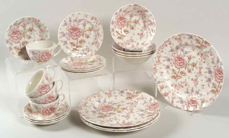 Rose Chintz Pink ("Made in England" Mark) 20pc Set=4ea CSFL,DP,BB ,CERC by Johnson Brothers-1