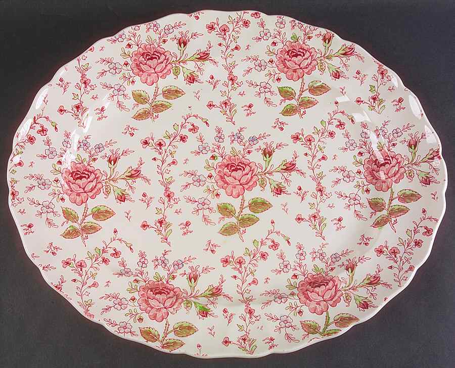 Rose Chintz Pink ("Made in England" Mark) 17" Oval Serving Platter by Johnson Brothers-1