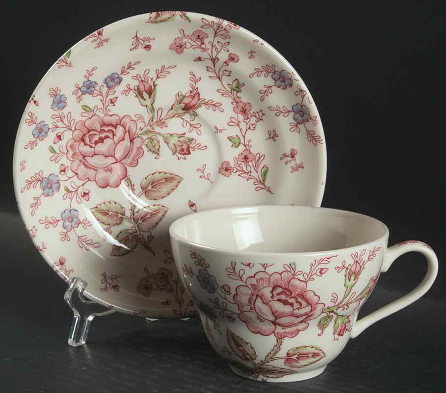 Rose Chintz Pink ("Made in England" Mark) Jumbo Cup & Saucer Set by Johnson Brothers-1
