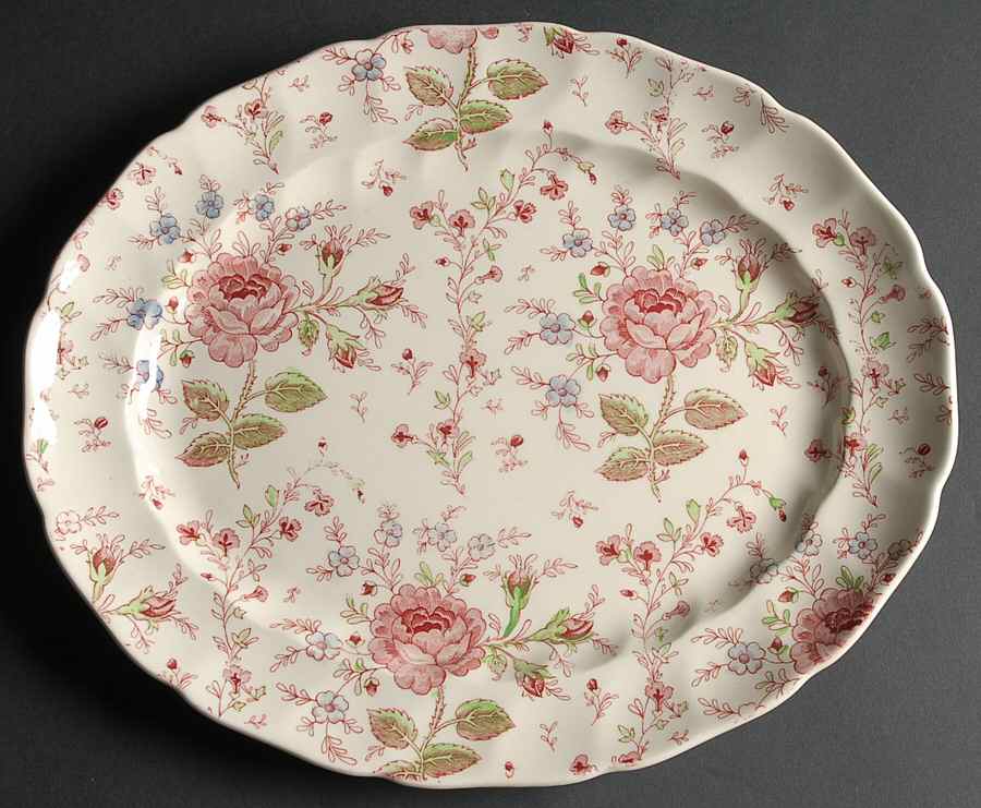 Rose Chintz Pink ("Made in England" Mark) 13" Oval Serving Platter by Johnson Brothers-1