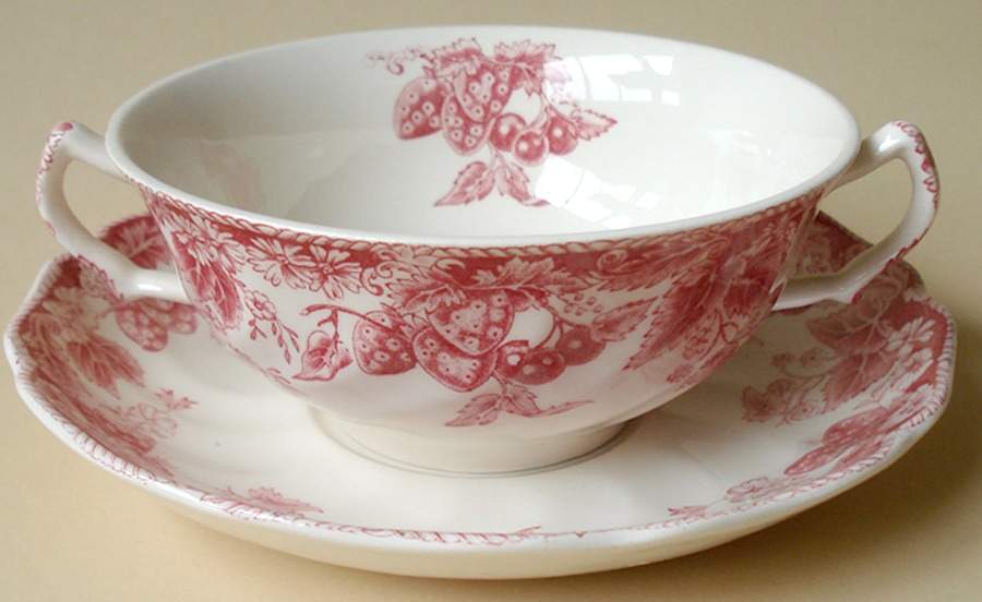Strawberry Fair Pink Flat Cream Soup Bowl & Saucer Set by Johnson Brothers-1