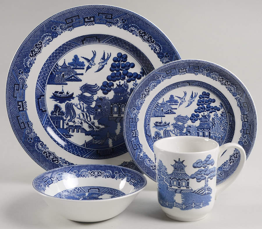 Willow Blue (Made in England, Earthenware, Newer) 4 Piece Place Setting by Johnson Brothers-1