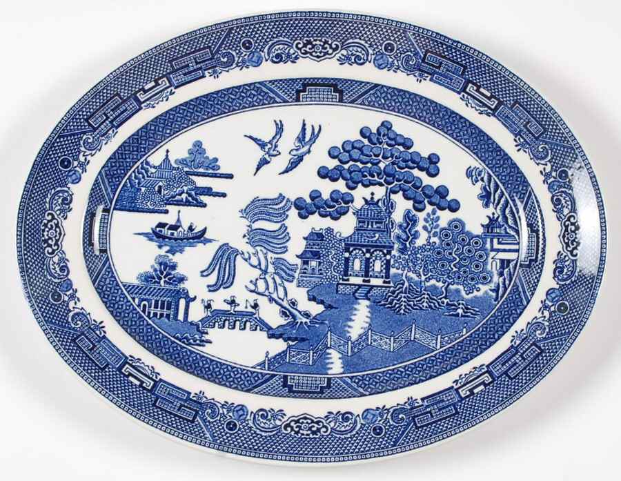 Willow Blue (Made in England, Earthenware, Newer) 12" Oval Serving Platter by Johnson Brothers-1