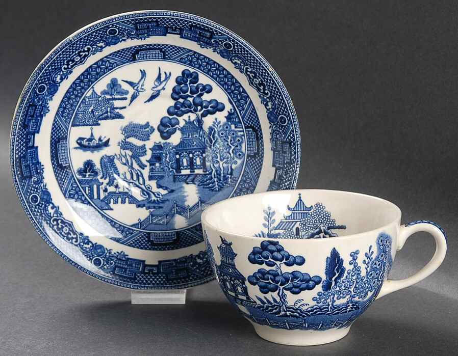 Willow Blue (Made in England, Earthenware, Newer) Flat Cup & Saucer Set by Johnson Brothers-1