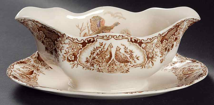 Wild Turkeys Brown (Native American) Gravy Boat with Attached Underplate by Johnson Brothers-1