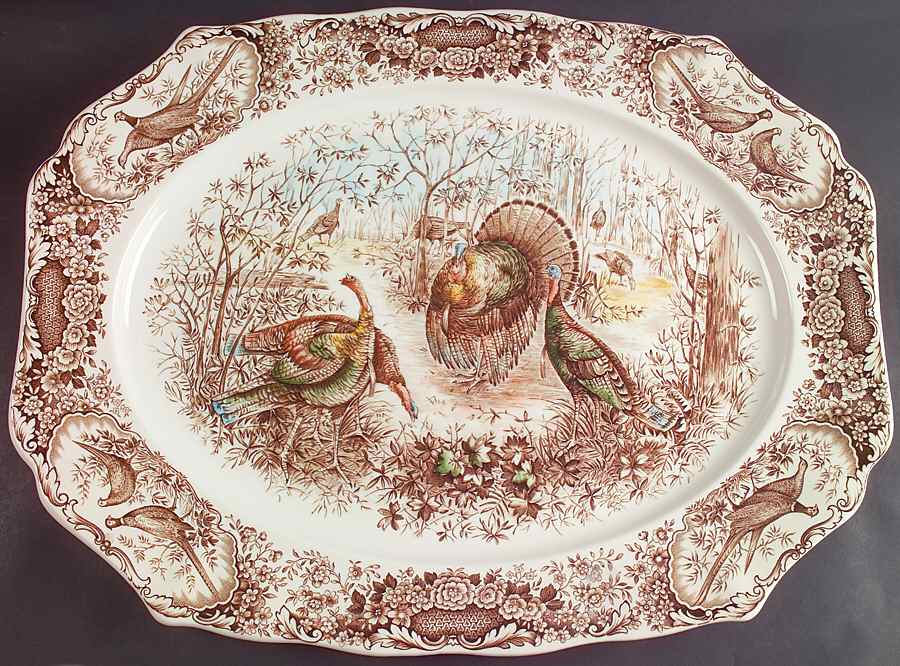 Woodland Wild Turkeys Brown Multicolor 20" Oval Serving Platter by Johnson Brothers-1