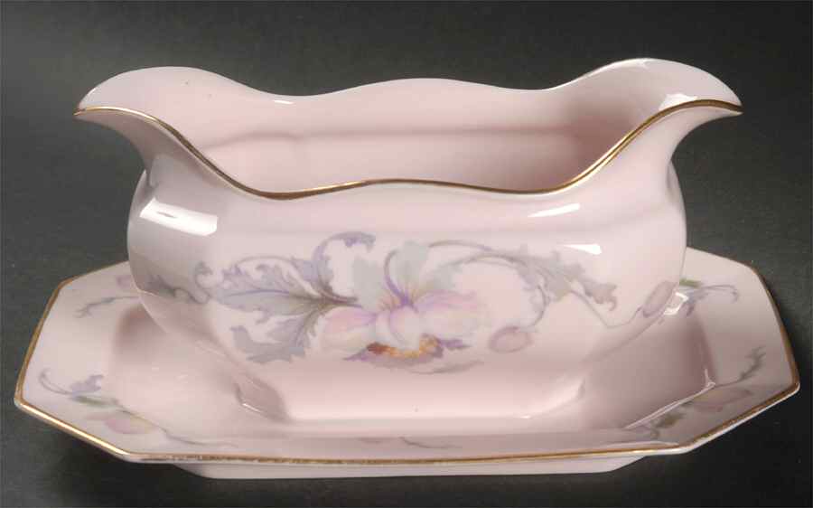 Dogwood (Gold Trim) Gravy Boat with Attached Underplate by Johann Haviland-1