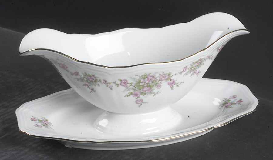 Wild Rose (1-16" Gold Trim) Gravy Boat with Attached Underplate by Johann Haviland-1