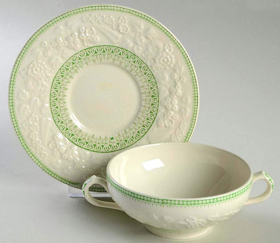 Shannon Green Flat Cream Soup Bowl & Saucer Set by George Jones & Sons-1