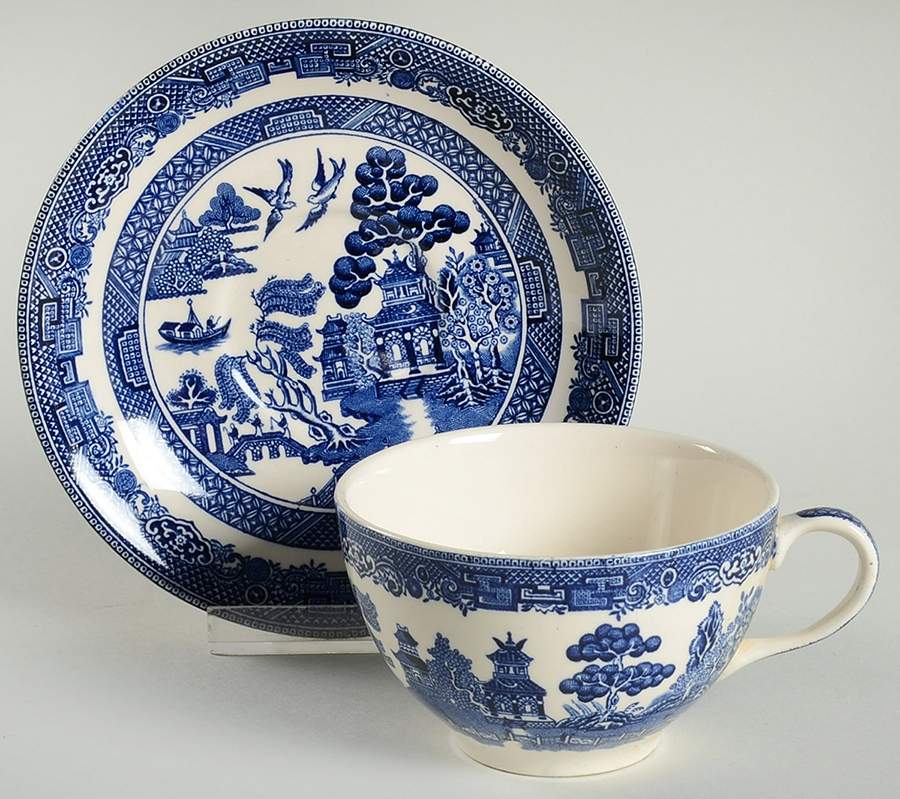 Willow Blue (Black & Blue Backstamps, Older) Flat Cup & Saucer Set by Johnson Brothers-1