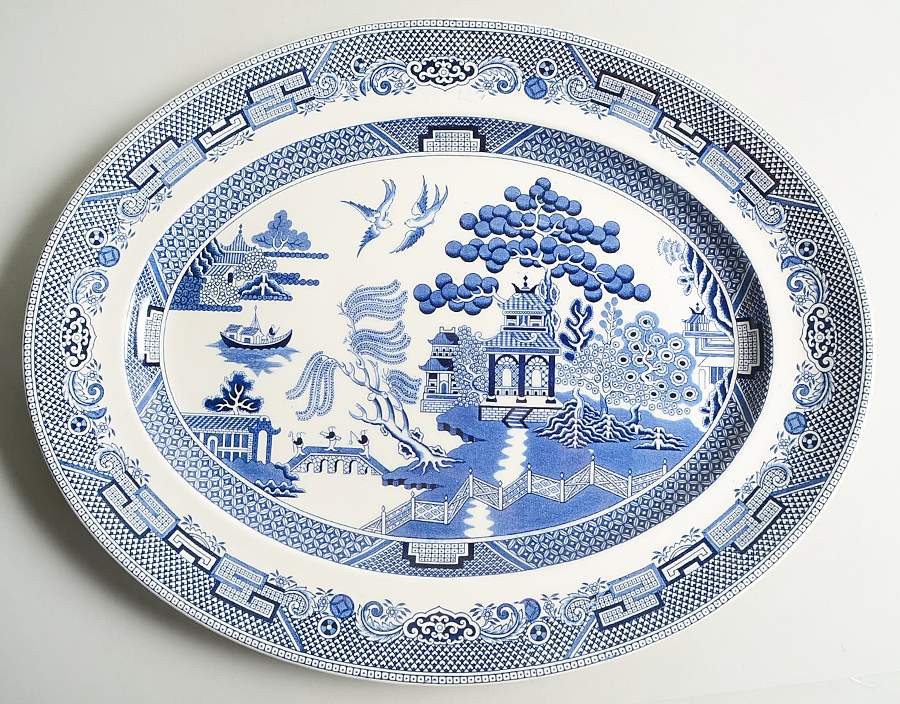 Willow Blue (Black & Blue Backstamps, Older) 16" Oval Serving Platter by Johnson Brothers-1