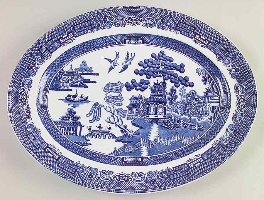Willow Blue (Black & Blue Backstamps, Older) 12" Oval Serving Platter by Johnson Brothers-1