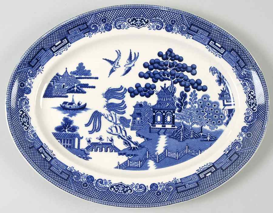 Willow Blue (Black & Blue Backstamps, Older) 10" Oval Serving Platter by Johnson Brothers-1