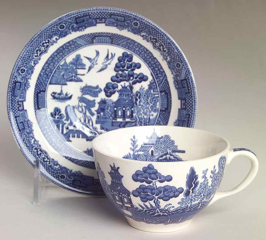 Willow Blue (Black & Blue Backstamps, Older) Flat Cup & Saucer Set by Johnson Brothers-1