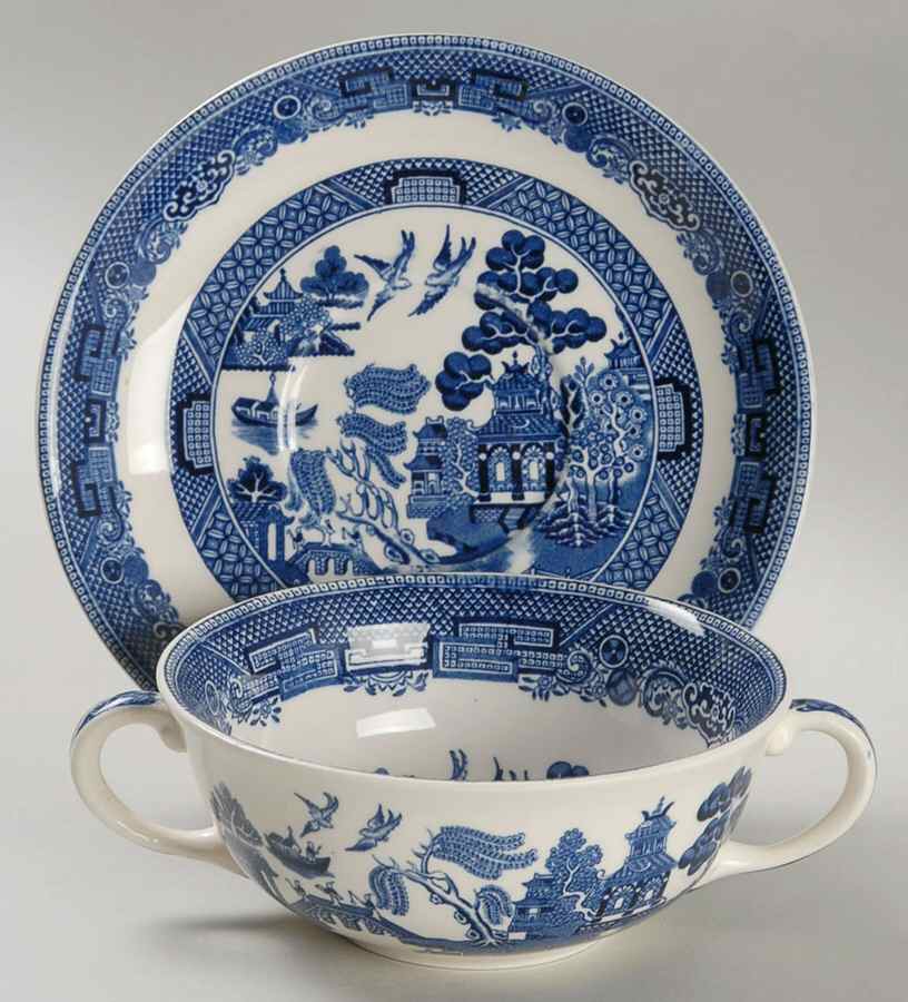 Willow Blue (Black & Blue Backstamps, Older) Flat Cream Soup Bowl & Saucer Set by Johnson Brothers-1
