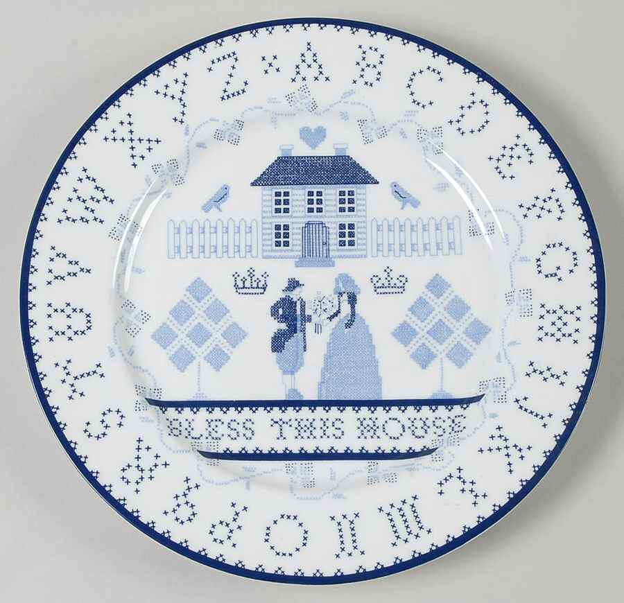 Blue Sampler Dinner Plate by Just Crosstitch-1