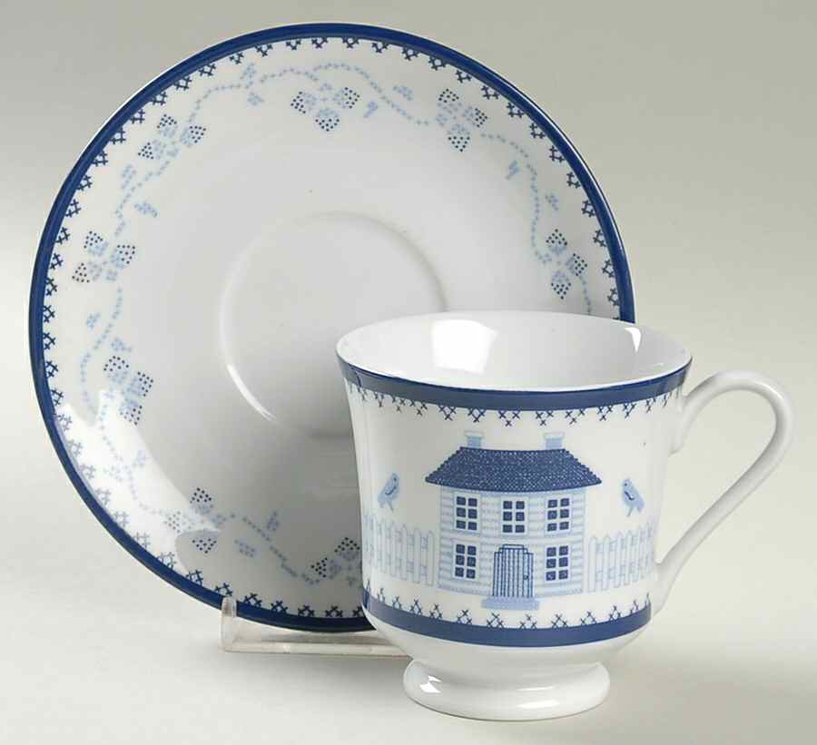 Blue Sampler Footed Cup & Saucer Set by Just Crosstitch-1