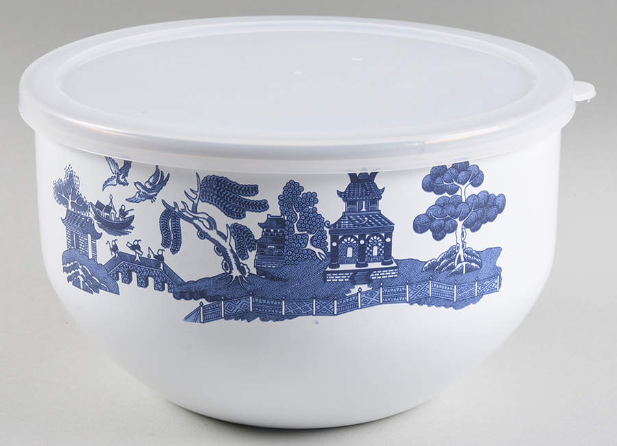 Willow Blue ("England 1883" Backstamp, China) 7 3/4" Metal Bowl W/Plastic Lid by Johnson Brothers-1
