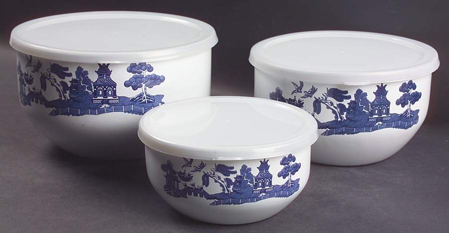 Willow Blue ("England 1883" Backstamp, China) 3 Pc Metal Bowl & Plastic Lid (5 3/4", 7", 7 3/4") by Johnson Brothers-1