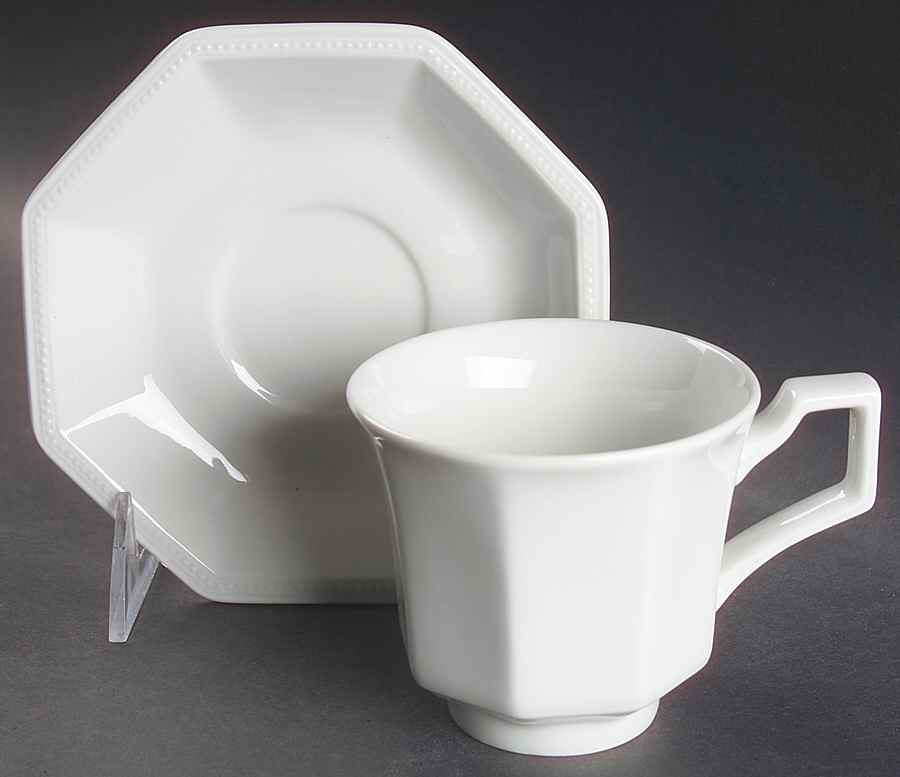 Heritage White ("England 1883"Stamp, Made In China) Footed Cup & Saucer Set by Johnson Brothers-1