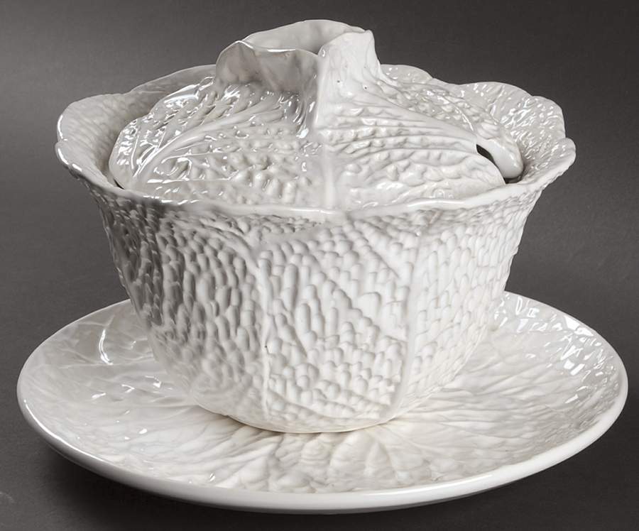 Cabbage Majolica White Tureen & Lid w/Underplate by Jay Willfred-1