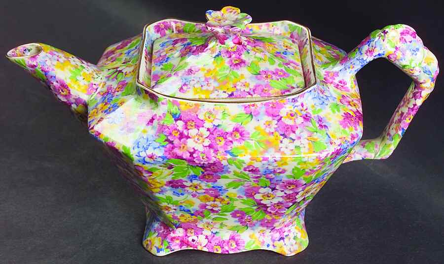 Apple Blossom Chintz Square Diamond Teapot & Lid by James Kent (England)-1