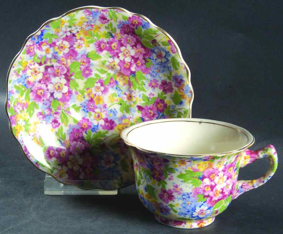 Apple Blossom Chintz Flat Cup & Saucer Set by James Kent (England)-1